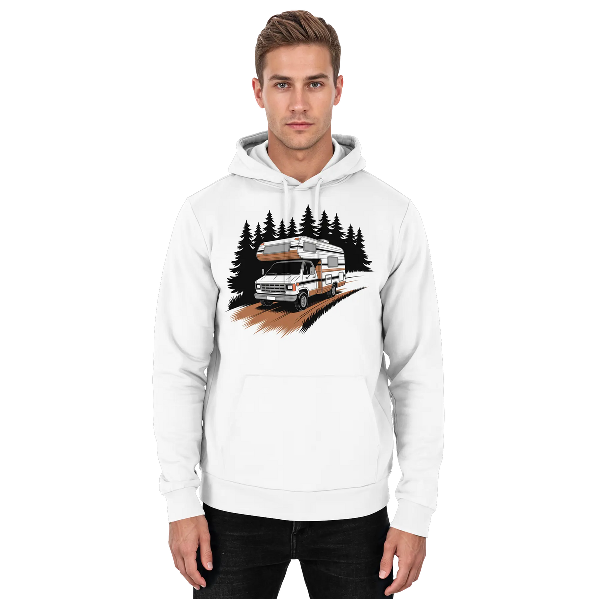 Pathfinder hoodie with a camper van on a forest road – Arvenzo