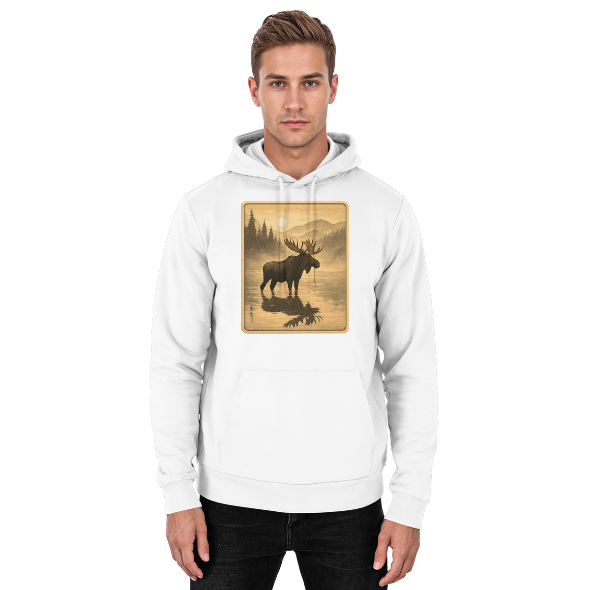 Calm Shore hoodie with a moose wading through a still lake – Arvenzo