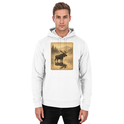 Calm Shore hoodie with a moose wading through a still lake – Arvenzo