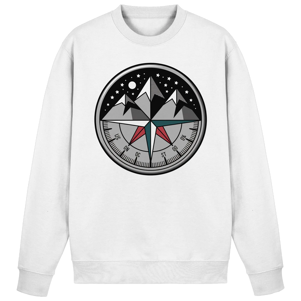 Compass Rose sweatshirt in Arctic White with starry compass and snowy mountain print – Arvenzo