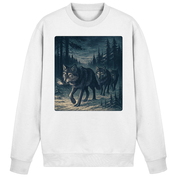 Pack North sweatshirt in Arctic White with a wolf pack in a night forest – Arvenzo