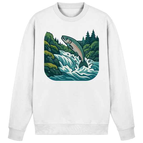 Silver Run sweatshirt in Arctic White with a salmon leaping up a river – Arvenzo