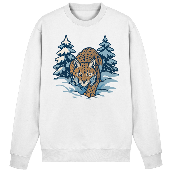 Snow Lynx sweatshirt in Arctic White with a lynx in the snow – Arvenzo