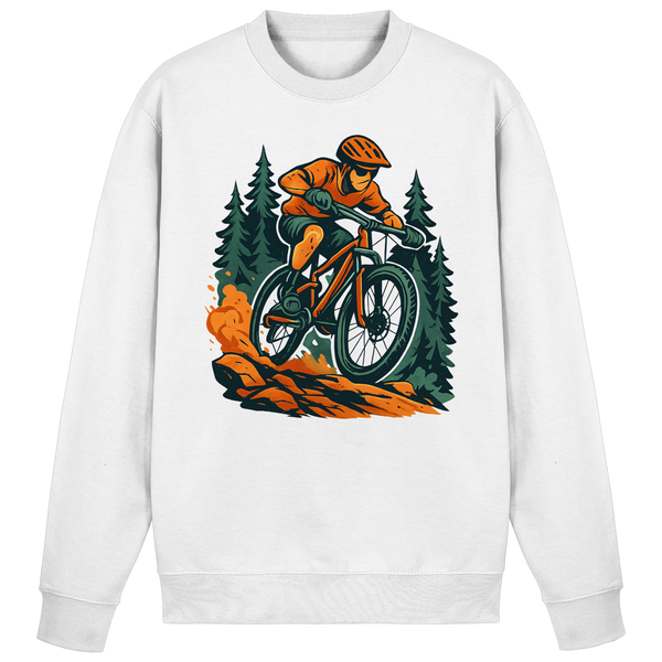 Dirt Rush sweatshirt in Arctic White with a mountain biker in the forest – Arvenzo