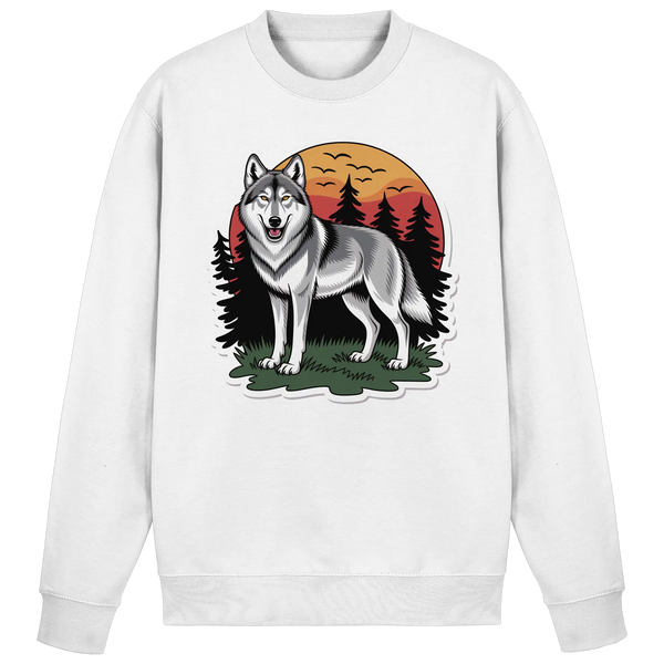 Lone Dusk sweatshirt in Arctic White with a lone wolf at sunset – Arvenzo