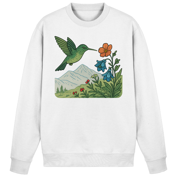 Bloom Wing sweatshirt in Arctic White with a hummingbird and flowers – Arvenzo