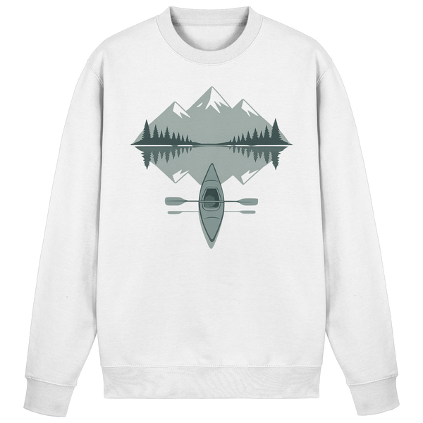 Mirror Lake sweatshirt in Arctic White with a kayak on a mirrored mountain lake – Arvenzo