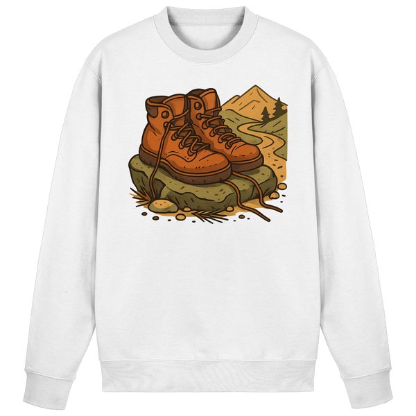 Trail Rest sweatshirt in Arctic White with a pair of hiking boots on the trail – Arvenzo