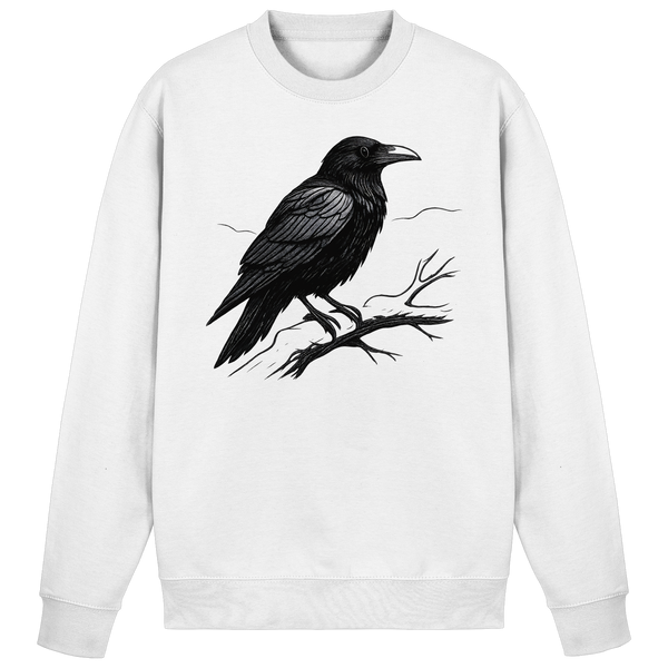 Dark Raven sweatshirt in Arctic White with a raven on a branch – Arvenzo