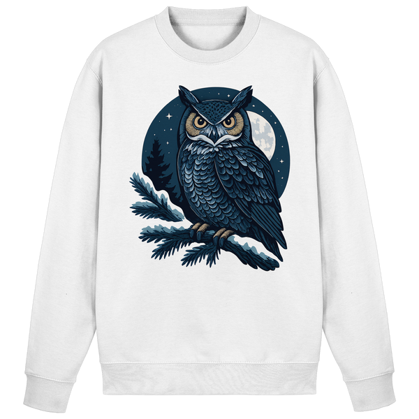 Night Watch sweatshirt in Arctic White with a night owl on a pine branch – Arvenzo