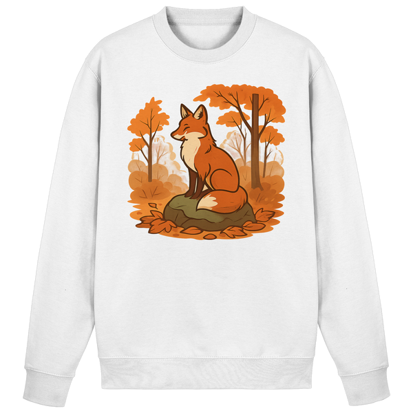 Ember Trail sweatshirt in Arctic White with a fox in an autumn forest – Arvenzo