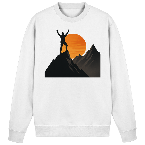 Bold Ascent sweatshirt in Arctic White with a hiker on a mountain summit at sunset – Arvenzo