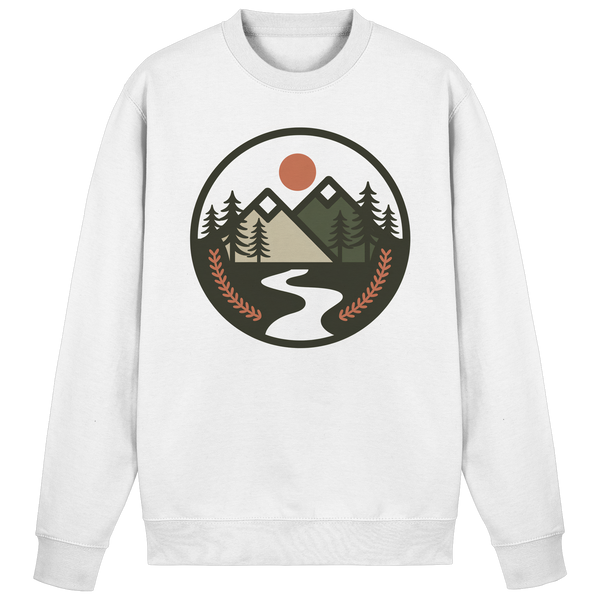 Open Ground sweatshirt in Arctic White with a round mountain, sun and trail badge – Arvenzo