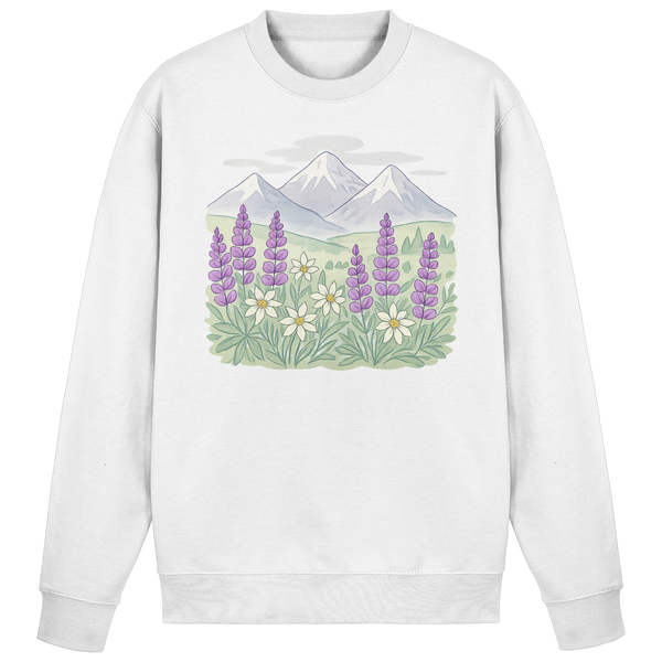 Alpine Bloom sweatshirt in Arctic White with an alpine wildflower and mountain – Arvenzo