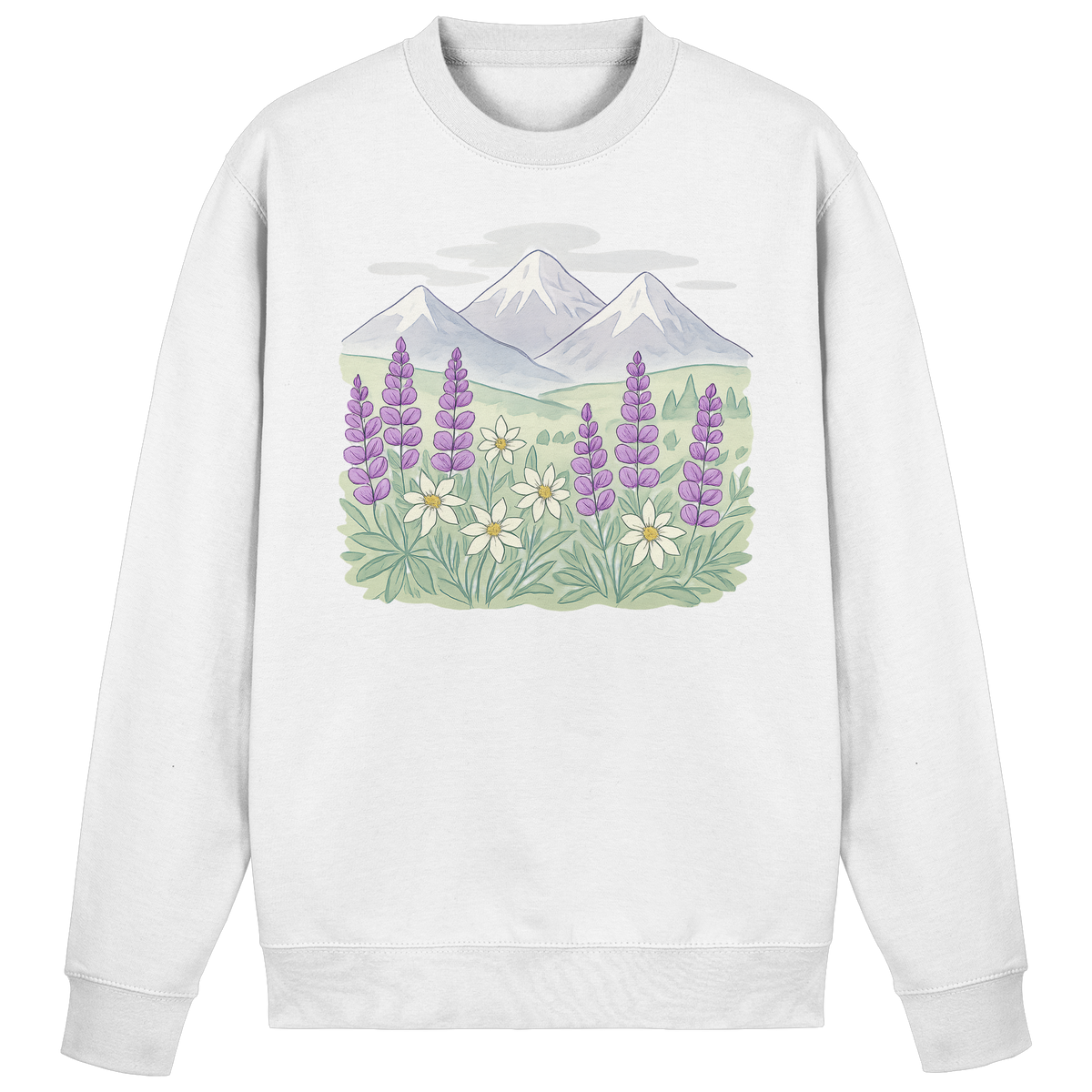 Arvenzo Alpine Bloom sweatshirt in Arctic White, front view showing cozy cotton fabric and classic crew neck design.