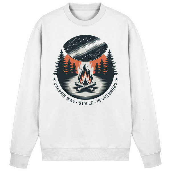 Star Map sweatshirt in Arctic White with a campfire under a starry sky – Arvenzo
