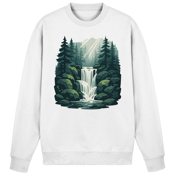 Fall Creek sweatshirt in Arctic White with a waterfall in a pine forest – Arvenzo