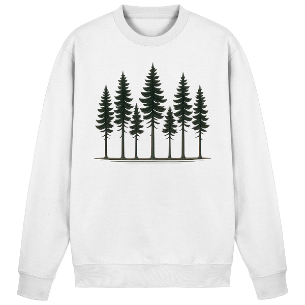 Pine Dusk sweatshirt in Arctic White with a row of pine trees – Arvenzo