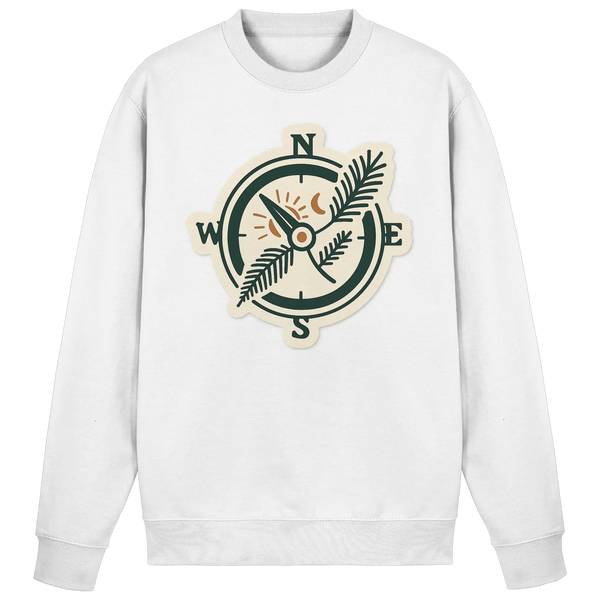 Trail Compass sweatshirt in Arctic White with a vintage compass and fern leaf – Arvenzo