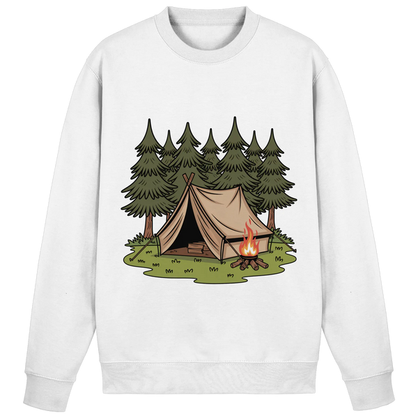 Rustic Retreat sweatshirt in Arctic White with a tent, campfire and pine forest – Arvenzo