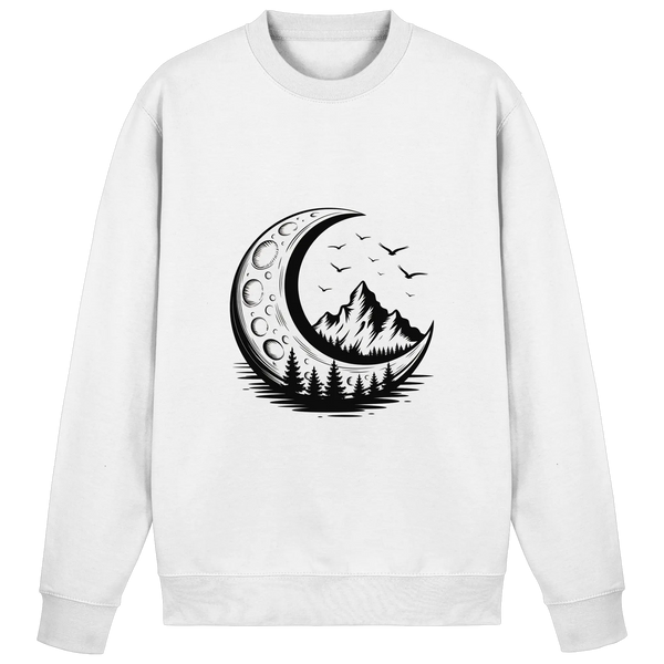 Crescent Peak sweatshirt in Arctic White with a crescent moon and mountain – Arvenzo