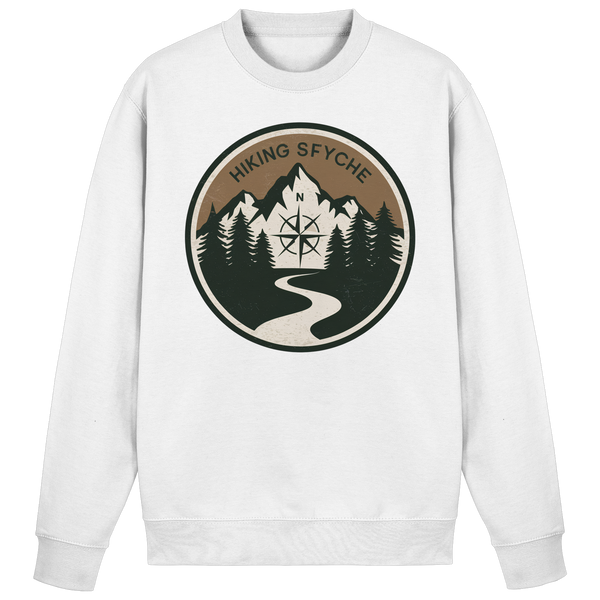 Trail Crest sweatshirt in Arctic White with a vintage hiking badge with compass and mountains – Arvenzo