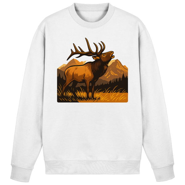 Elk Meadow sweatshirt in Arctic White with a bull elk in a meadow – Arvenzo