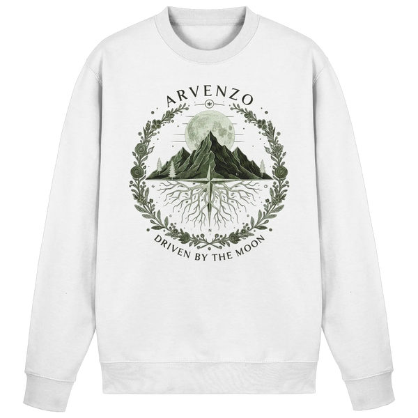Lunar Horizon sweatshirt in Arctic White with a mountain, moon and laurel wreath – Arvenzo