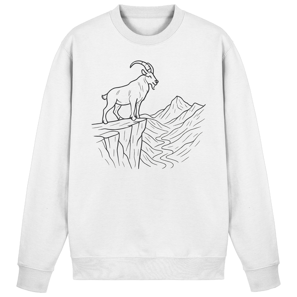 Cliff Edge sweatshirt in Arctic White with a mountain goat on a cliff line-art – Arvenzo