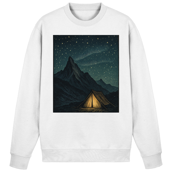 North Light sweatshirt in Arctic White with a glowing tent under a starry mountain sky – Arvenzo