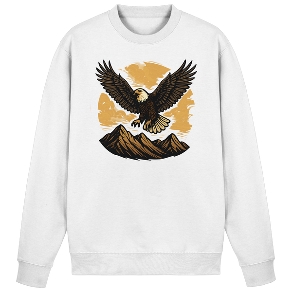 Iron Wing sweatshirt in Arctic White with a soaring eagle over mountains – Arvenzo
