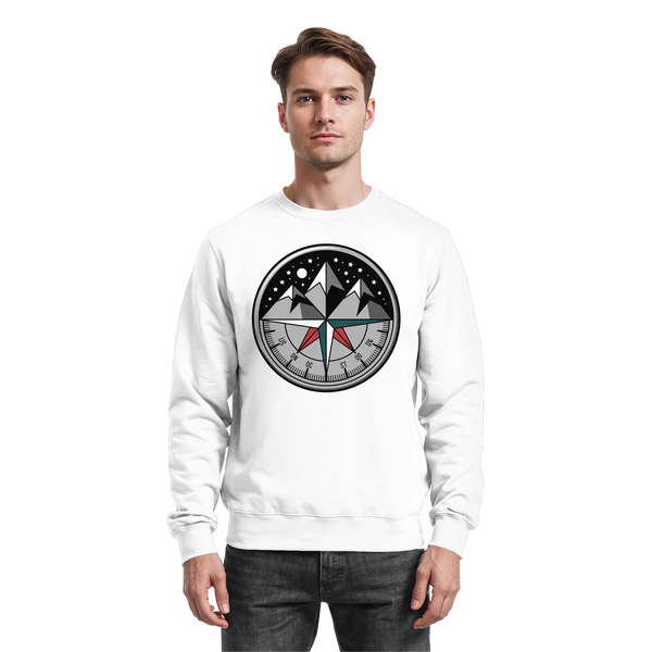 Compass Rose sweatshirt in Arctic White with starry compass and snowy mountain print – Arvenzo