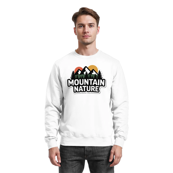 High Ridge sweatshirt in Arctic White with a 'Mountain Nature' badge with peaks and sun – Arvenzo