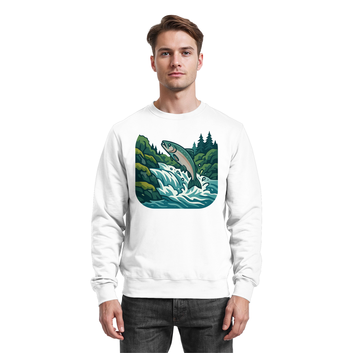 Front view of Arvenzo Silver Run sweatshirt in Arctic White, featuring a classic crewneck and relaxed fit.