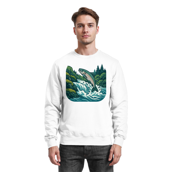 Silver Run sweatshirt in Arctic White with a salmon leaping up a river – Arvenzo