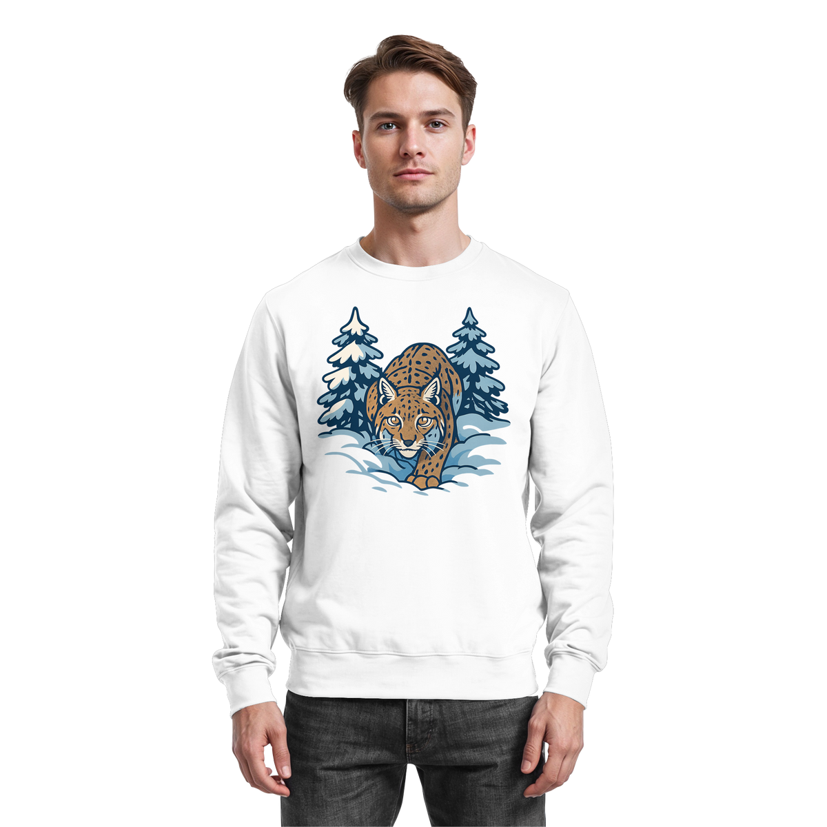 Arvenzo Snow Lynx sweatshirt in Arctic White, front view showing classic crewneck design and soft fabric texture.