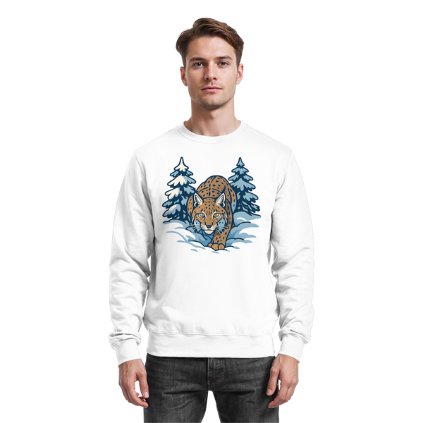 Snow Lynx sweatshirt in Arctic White with a lynx in the snow – Arvenzo