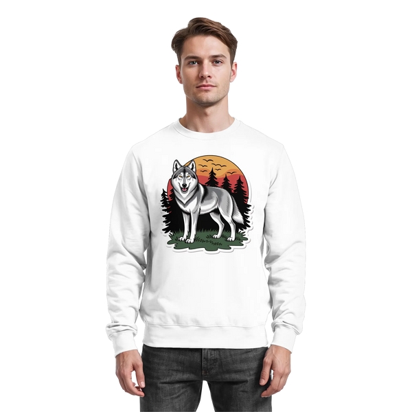 Lone Dusk sweatshirt in Arctic White with a lone wolf at sunset – Arvenzo