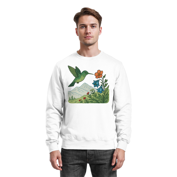 Bloom Wing sweatshirt in Arctic White with a hummingbird and flowers – Arvenzo