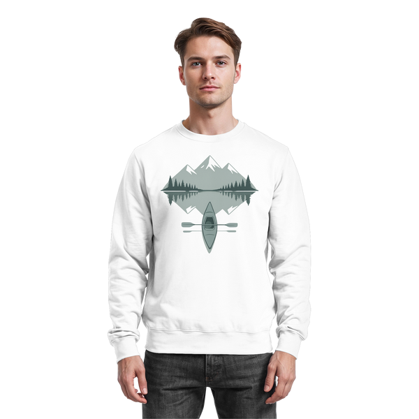 Mirror Lake sweatshirt in Arctic White with a kayak on a mirrored mountain lake – Arvenzo