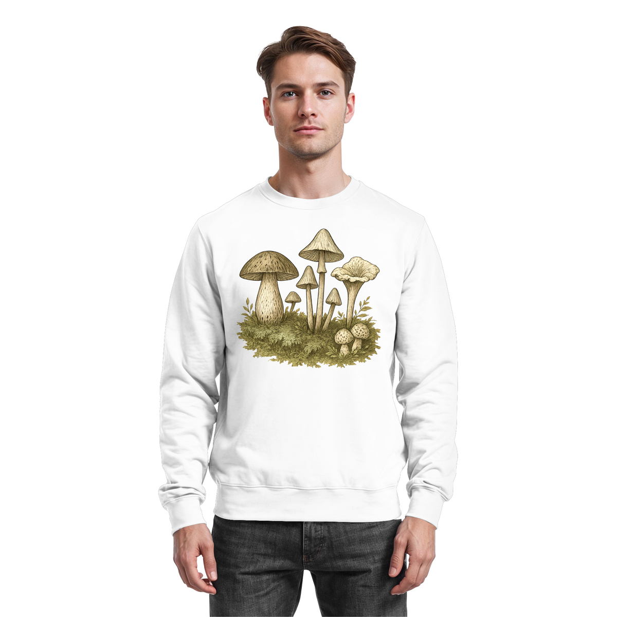 Arvenzo Forest Floor sweatshirt in arctic white, front view showing a cozy sweatshirt with forest-themed design on the chest.