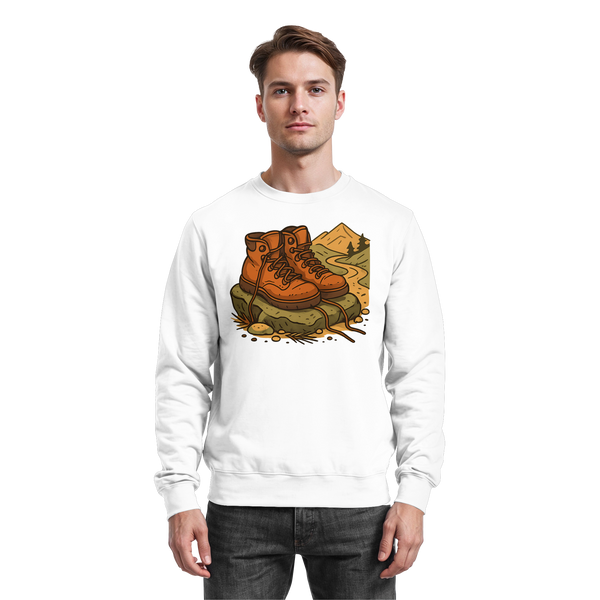 Trail Rest sweatshirt in Arctic White with a pair of hiking boots on the trail – Arvenzo