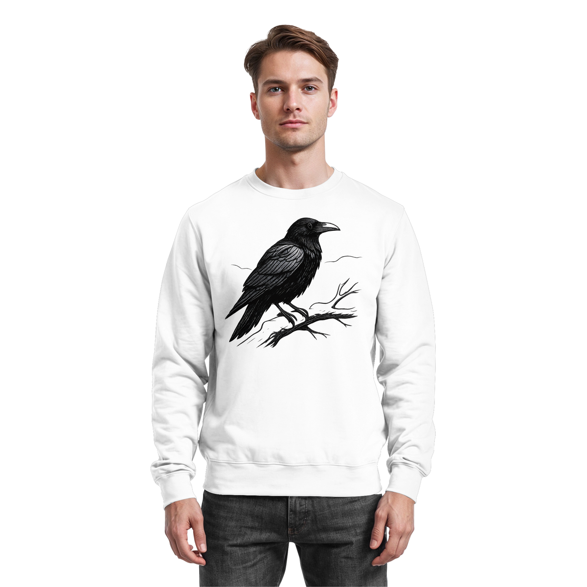 Arvenzo Dark Raven sweatshirt featuring a simple front design in white with a crew neckline and long sleeves.