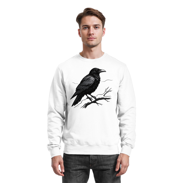 Dark Raven sweatshirt in Arctic White with a raven on a branch – Arvenzo
