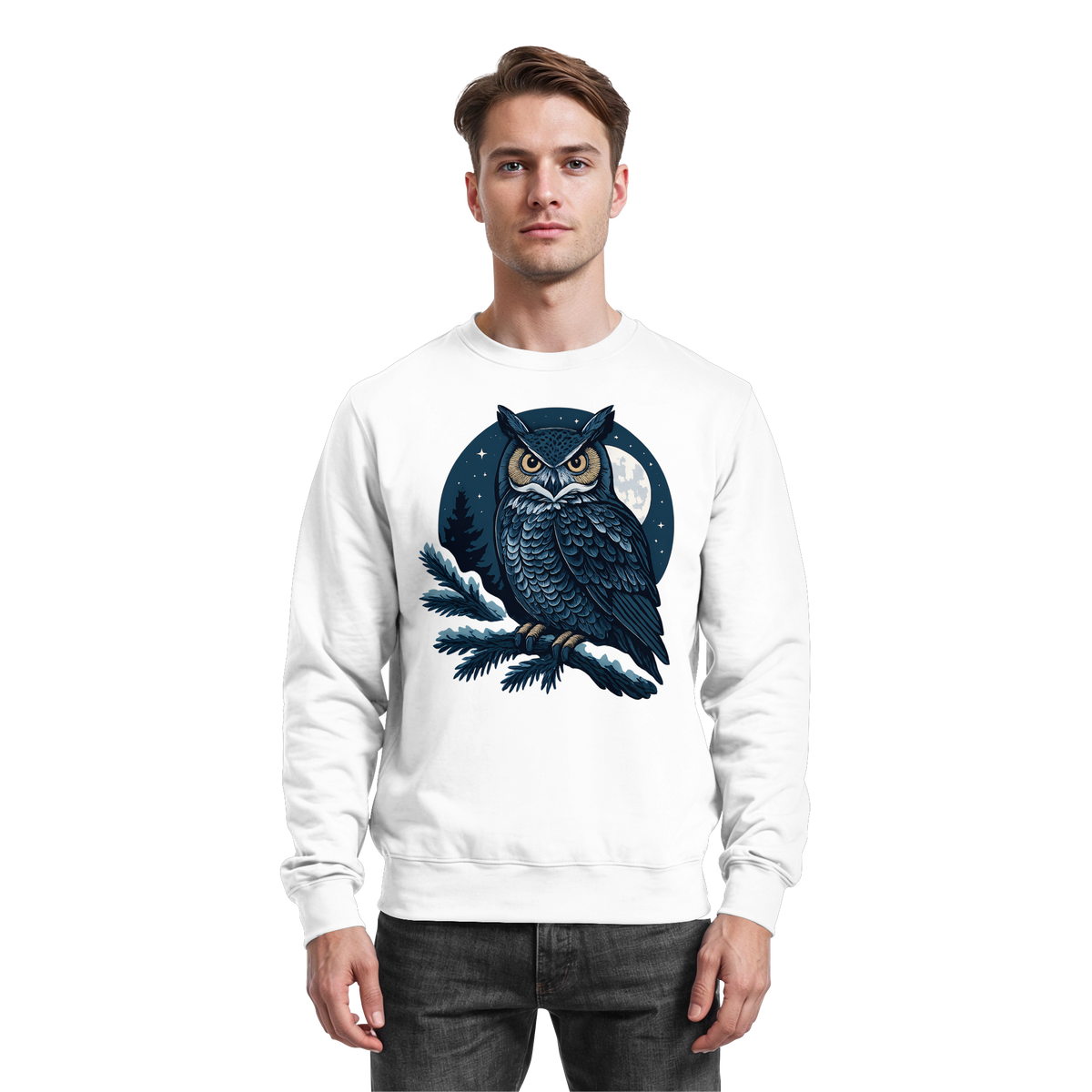 Arvenzo Night Watch sweatshirt in arctic white, front view showing a classic crewneck design and soft fabric texture.