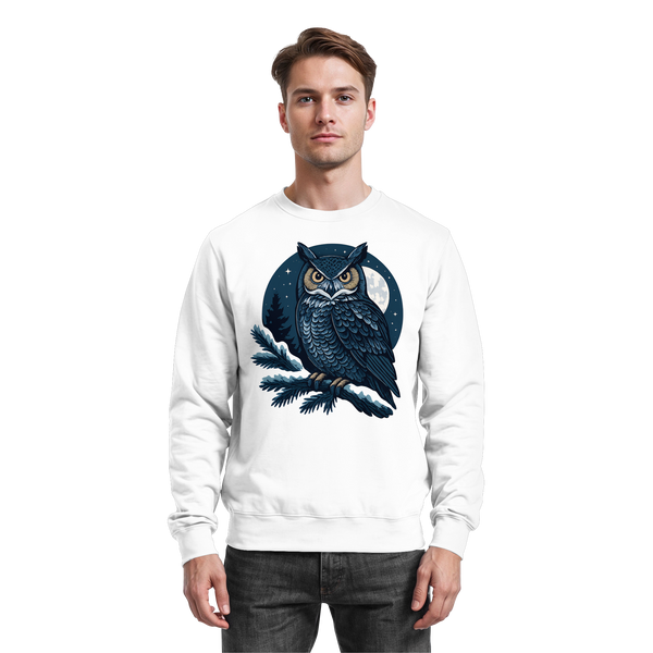 Night Watch sweatshirt in Arctic White with a night owl on a pine branch – Arvenzo