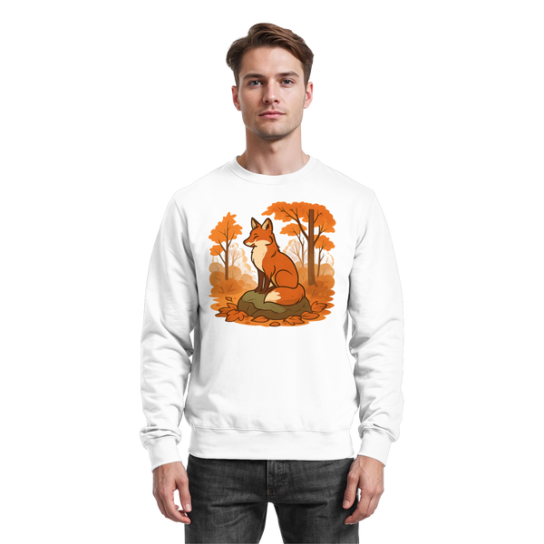 Ember Trail sweatshirt in Arctic White with a fox in an autumn forest – Arvenzo