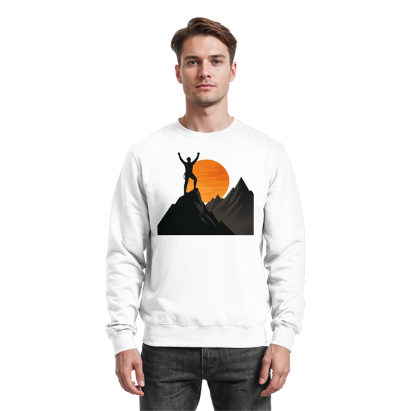 Bold Ascent sweatshirt in Arctic White with a hiker on a mountain summit at sunset – Arvenzo