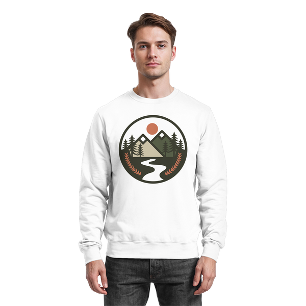 Open Ground sweatshirt in Arctic White with a round mountain, sun and trail badge – Arvenzo