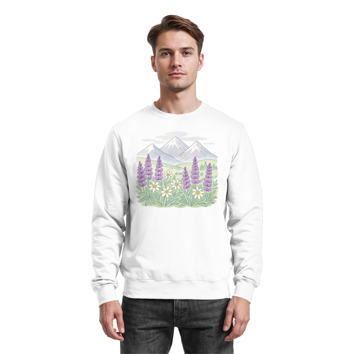 Arvenzo Alpine Bloom sweatshirt in Arctic White, front view showing cozy knit fabric and classic crewneck design.